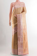 Golden Dual Tone Kanjivaram Tissue Silk Saree with Zari Brocade on the body and Zari Border.  displayed on a mannequin