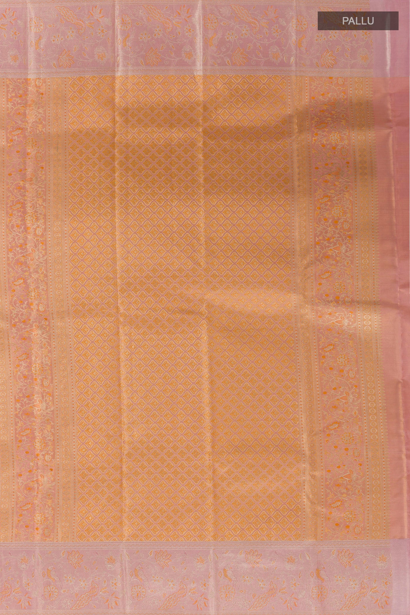 Close up image of the pallu of Golden Dual Tone Kanjivaram Tissue Silk Saree with Zari Brocade on the body and Zari Border. 
