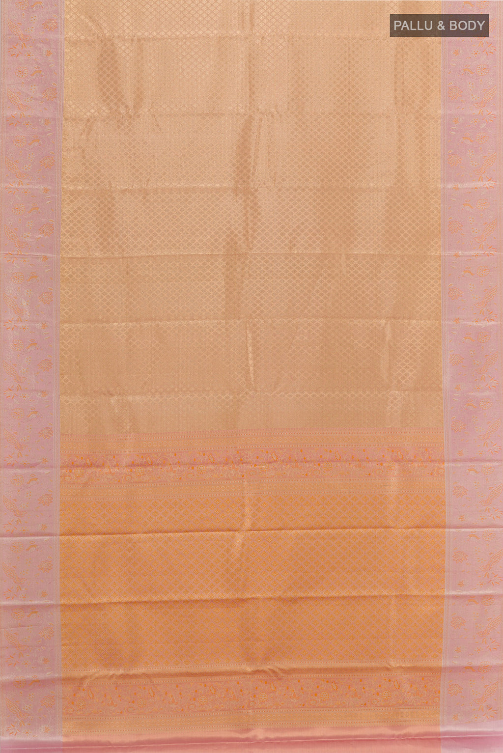 Flat view of Golden Dual Tone Kanjivaram Tissue Silk Saree with Zari Brocade on the body and Zari Border. 