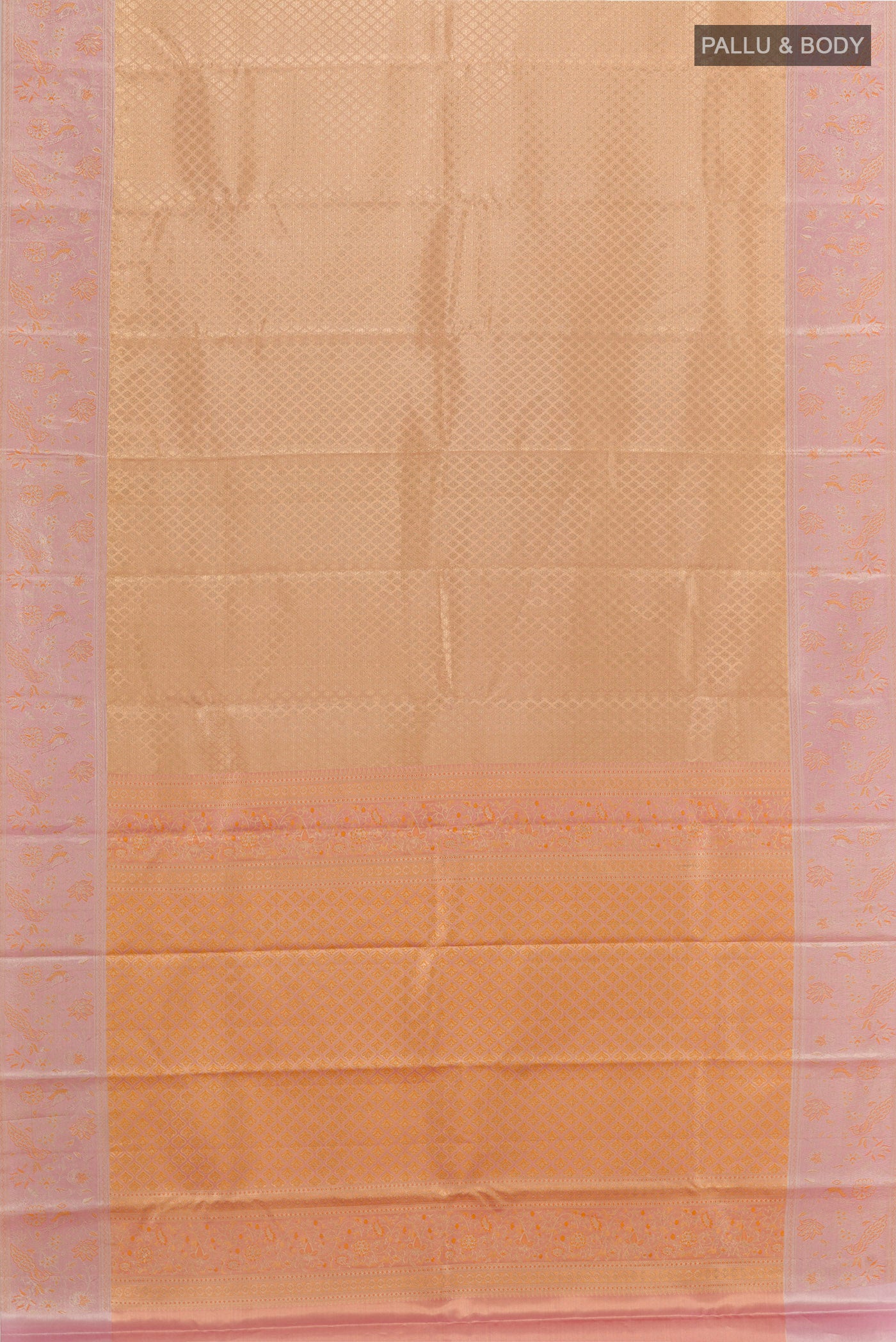 Flat view of Golden Dual Tone Kanjivaram Tissue Silk Saree with Zari Brocade on the body and Zari Border. 