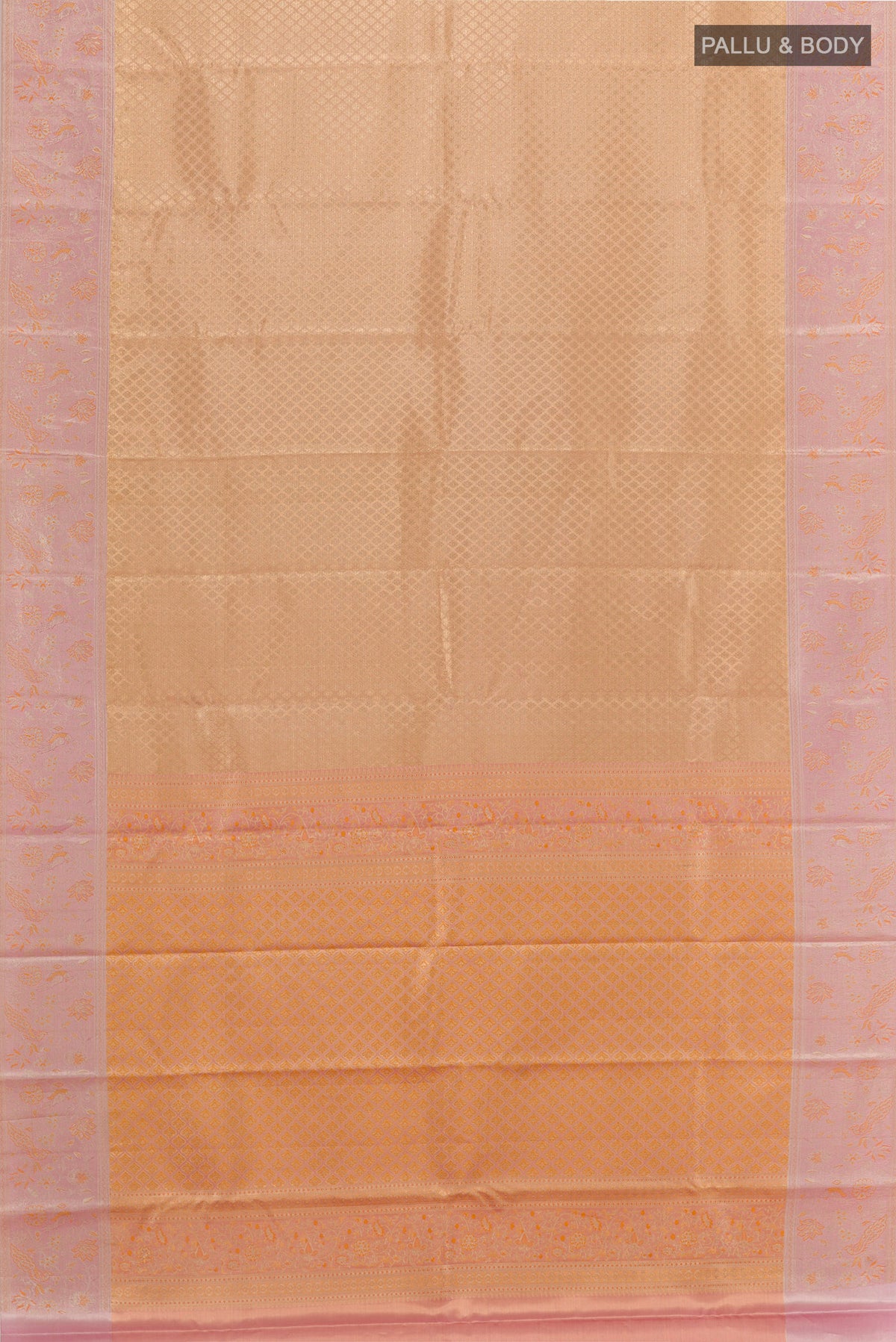 Flat view of Golden Dual Tone Kanjivaram Tissue Silk Saree with Zari Brocade on the body and Zari Border. 