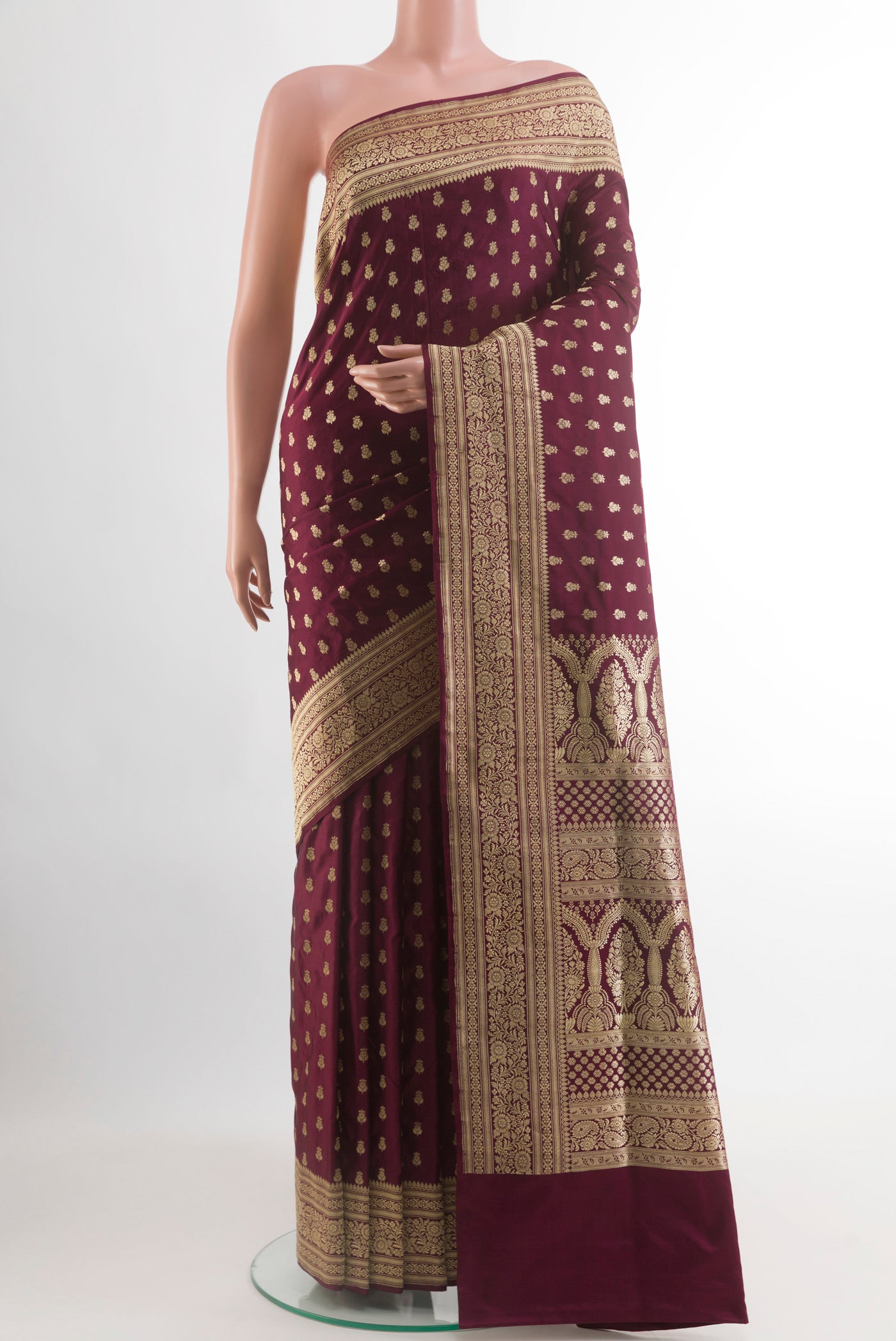 Purple Banarasi Silk Saree with Zari Brocade on the body and Zari Border.  displayed on a mannequin