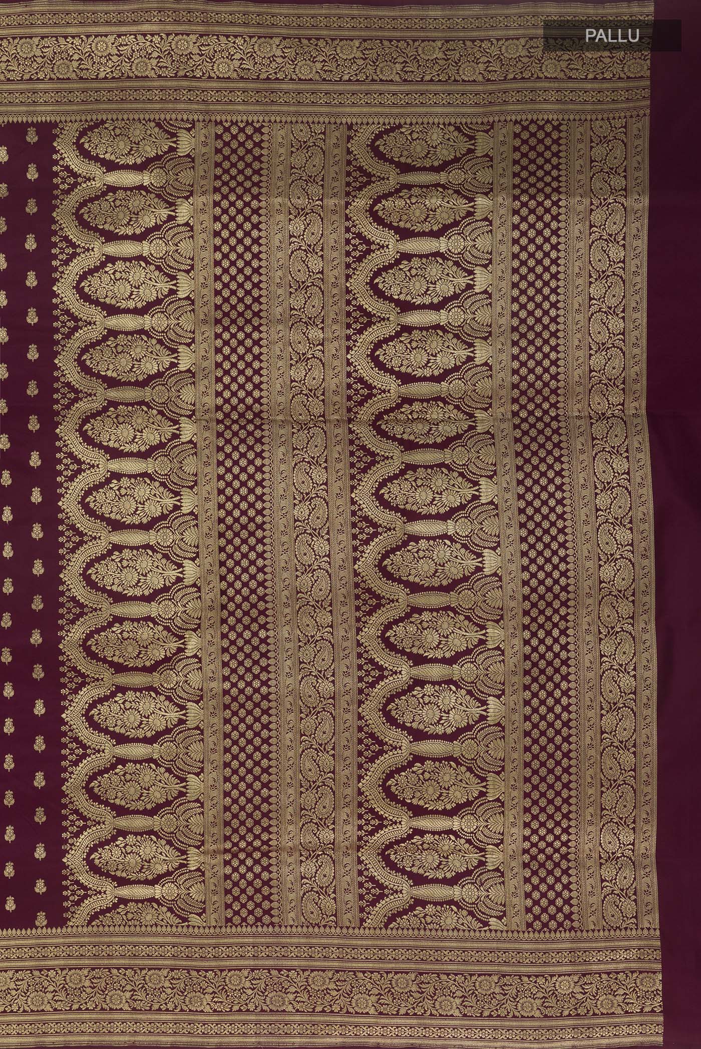 Close up image of the pallu of Purple Banarasi Silk Saree with Zari Brocade on the body and Zari Border. 