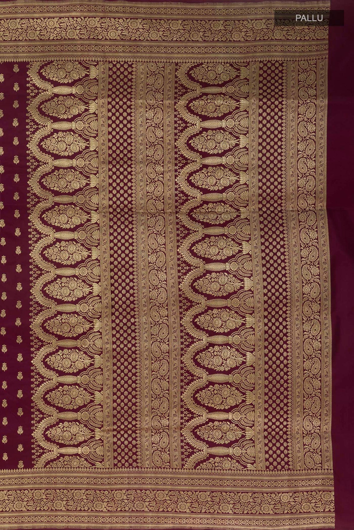 Close up image of the pallu of Purple Banarasi Silk Saree with Zari Brocade on the body and Zari Border. 