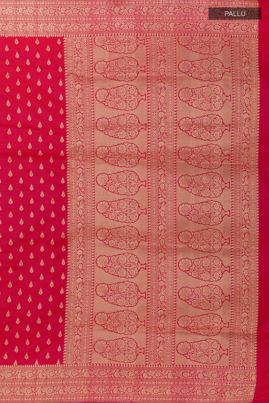 Close up image of the pallu of Red Banarasi Saree with Zari Butta on the body and Zari Border. 
