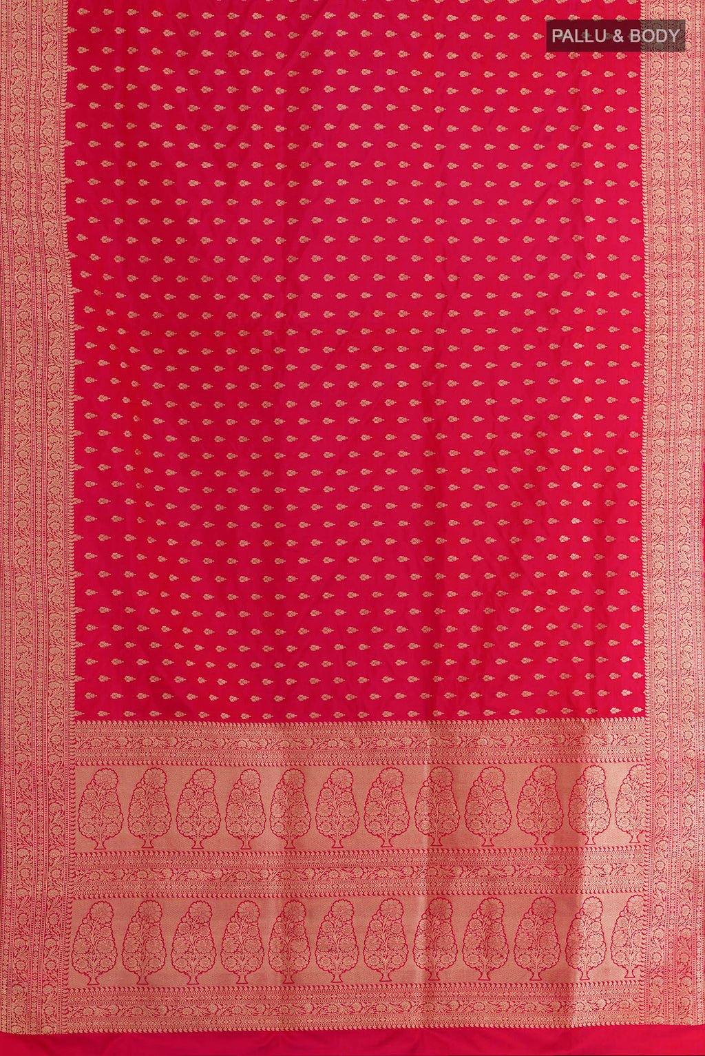 Flat view of Red Banarasi Saree with Zari Butta on the body and Zari Border. 