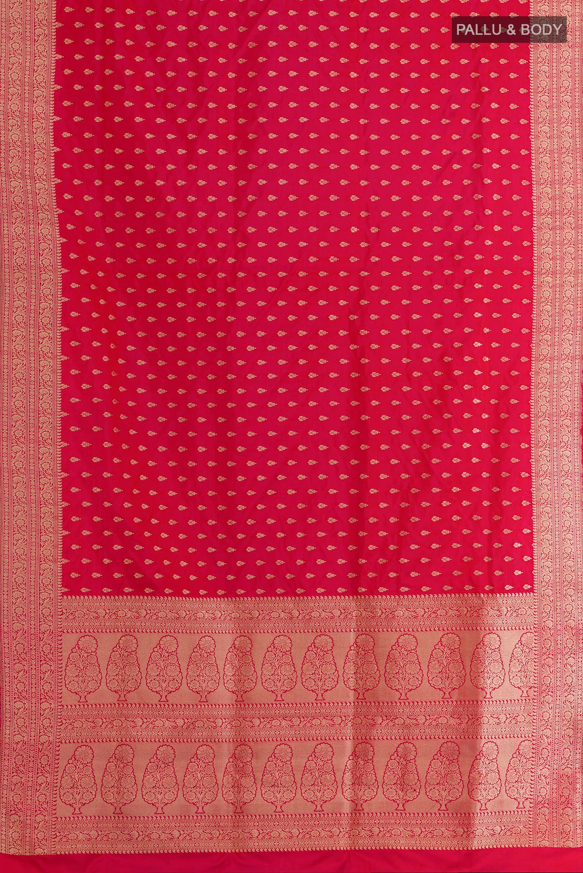 Flat view of Red Banarasi Saree with Zari Butta on the body and Zari Border. 