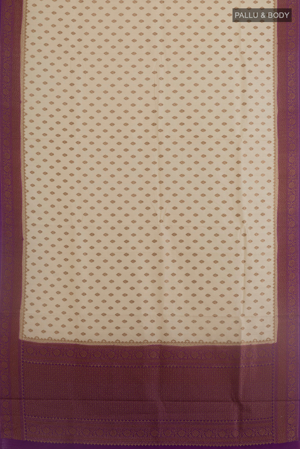Flat view of Off White Tussar Silk Saree with Zari Butta on the body and Zari Border. 