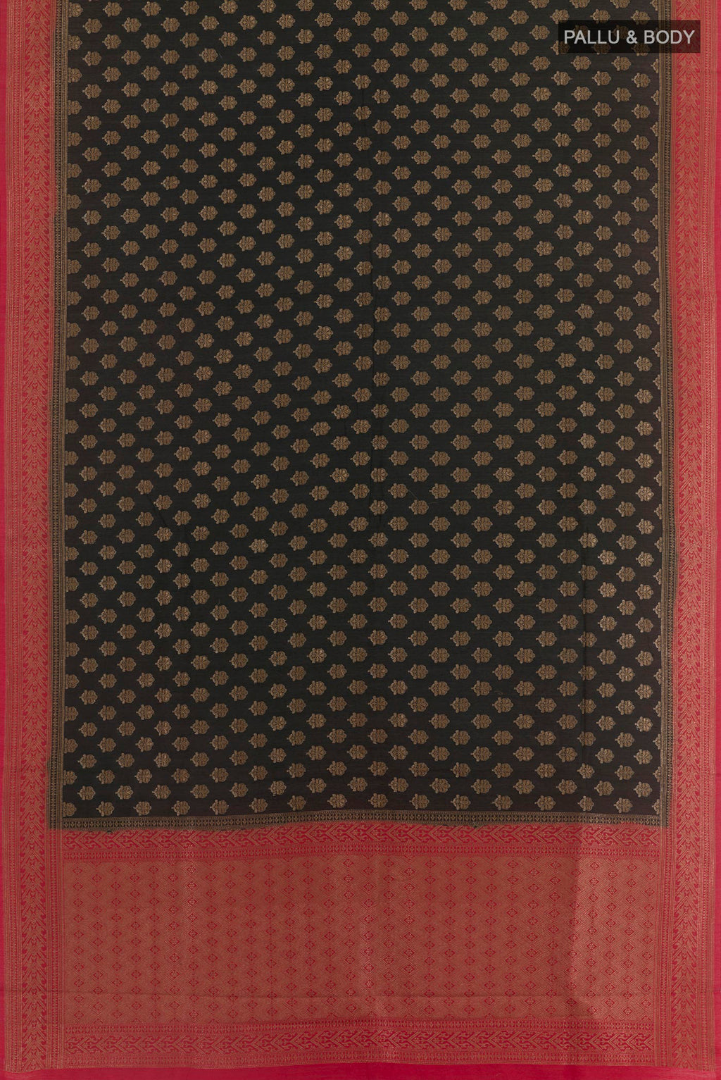 Flat view of Black Tussar Silk Saree with Zari Butta on the body and Zari Border. 
