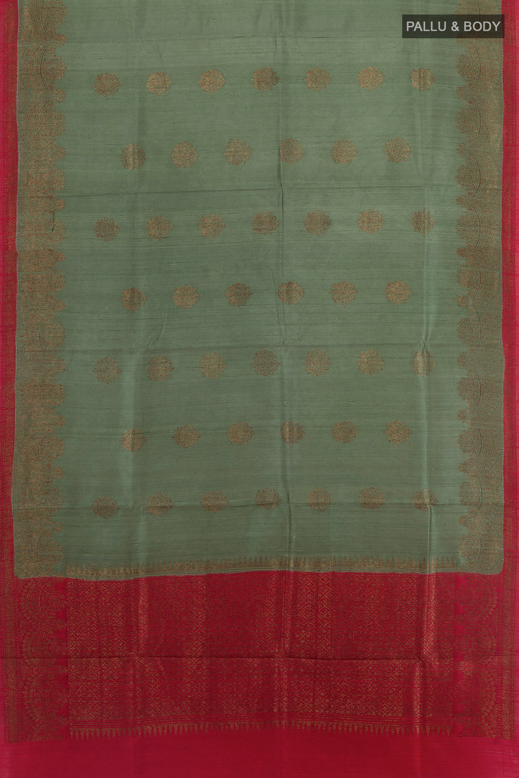 Flat view of Grey Banarasi Tussar Silk Saree with Zari Butta on the body and Zari Border. 