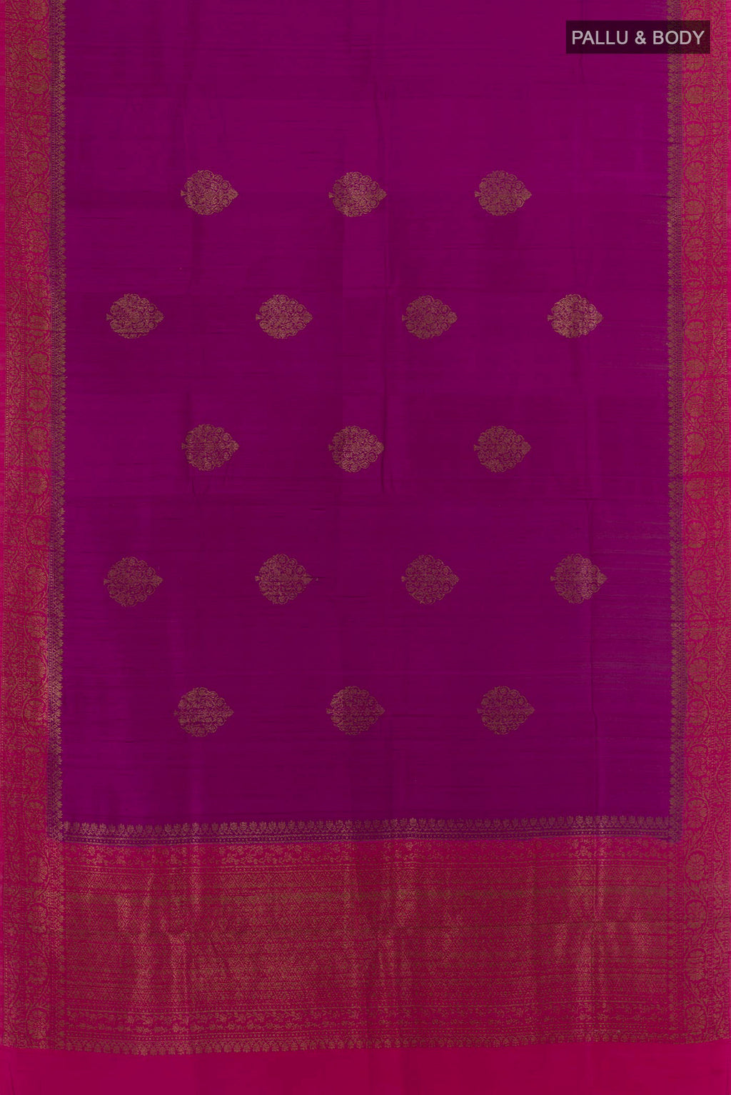 Flat view of Purple Banarasi Tussar Silk Saree with Zari Butta on the body and Zari Border. 
