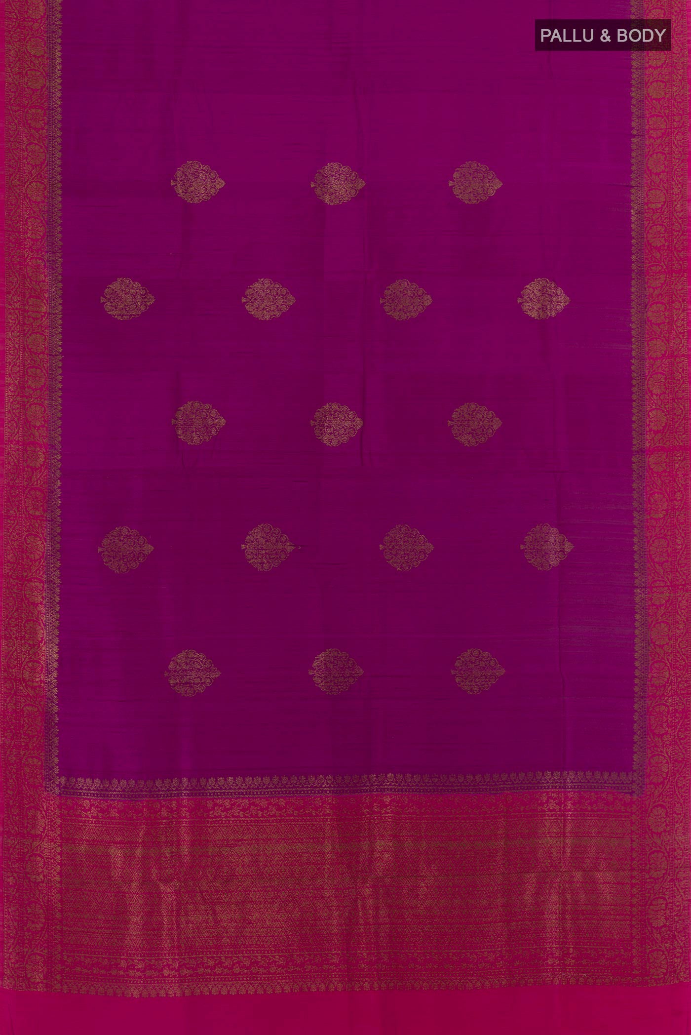 Flat view of Purple Banarasi Tussar Silk Saree with Zari Butta on the body and Zari Border. 