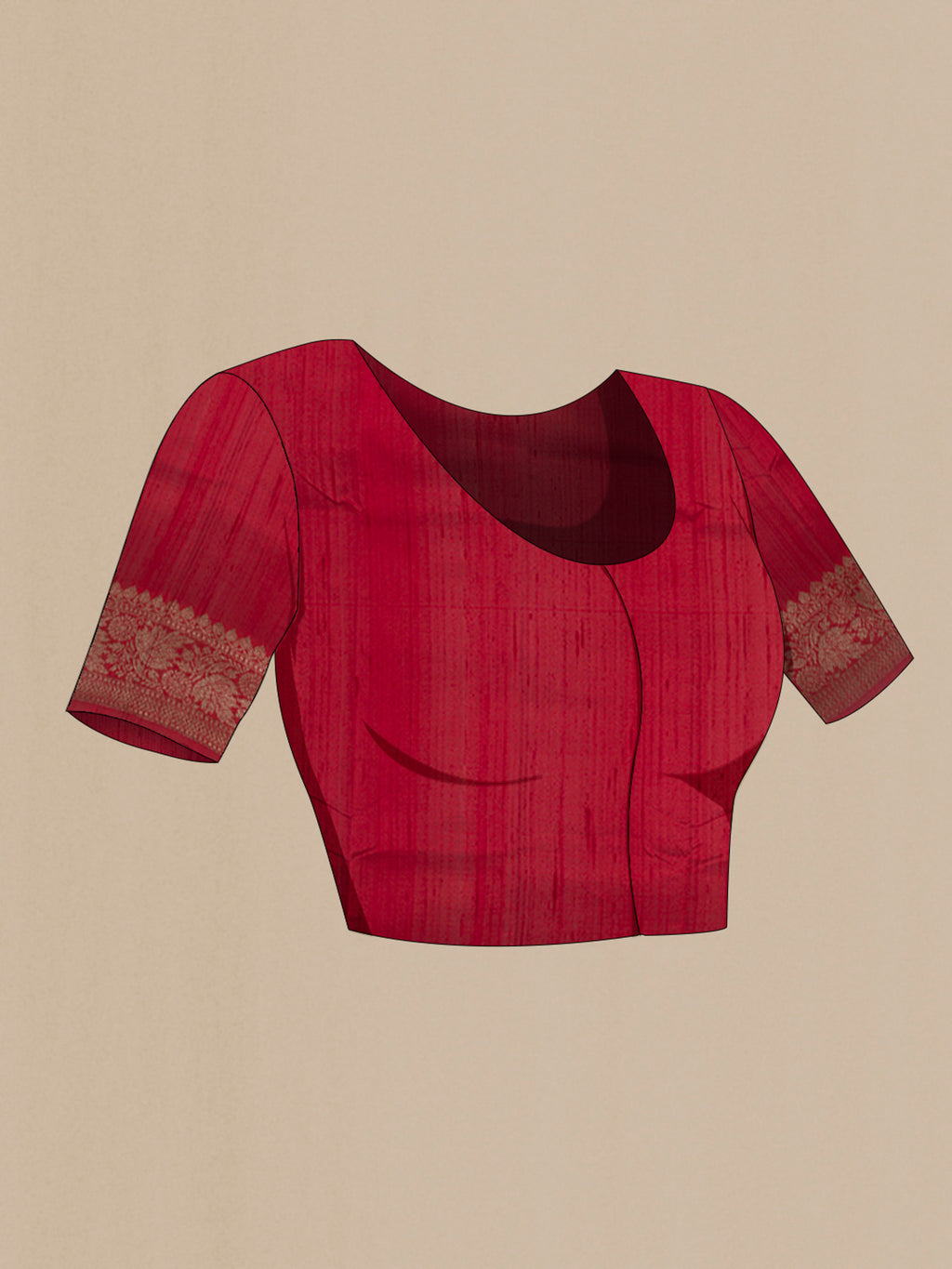 Close up image of the blouse of Beige Banarasi Tussar Silk Saree with Zari Butta on the body and Zari Border. 