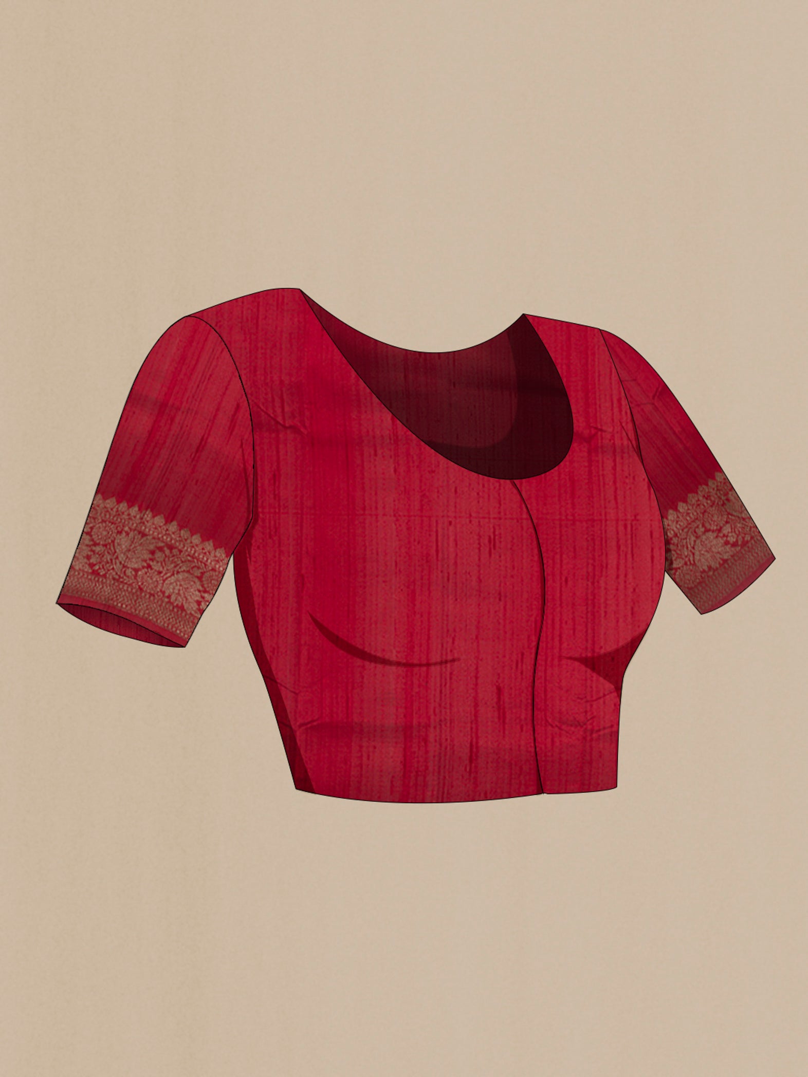 Close up image of the blouse of Beige Banarasi Tussar Silk Saree with Zari Butta on the body and Zari Border. 
