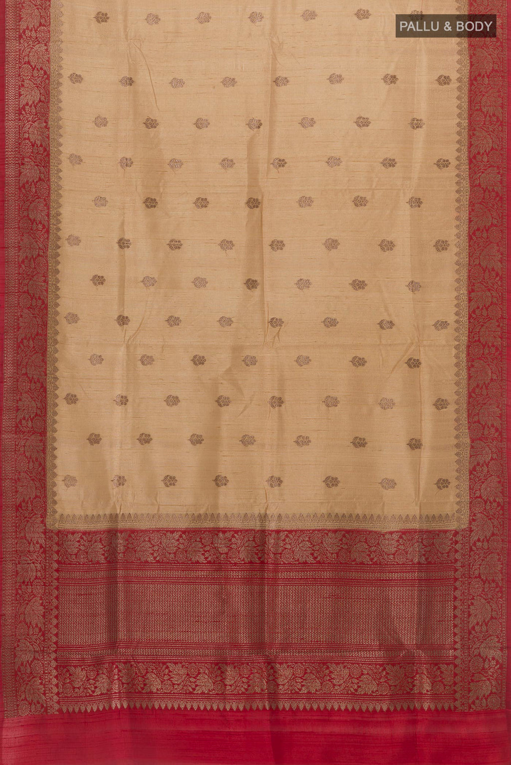 Flat view of Beige Banarasi Tussar Silk Saree with Zari Butta on the body and Zari Border. 