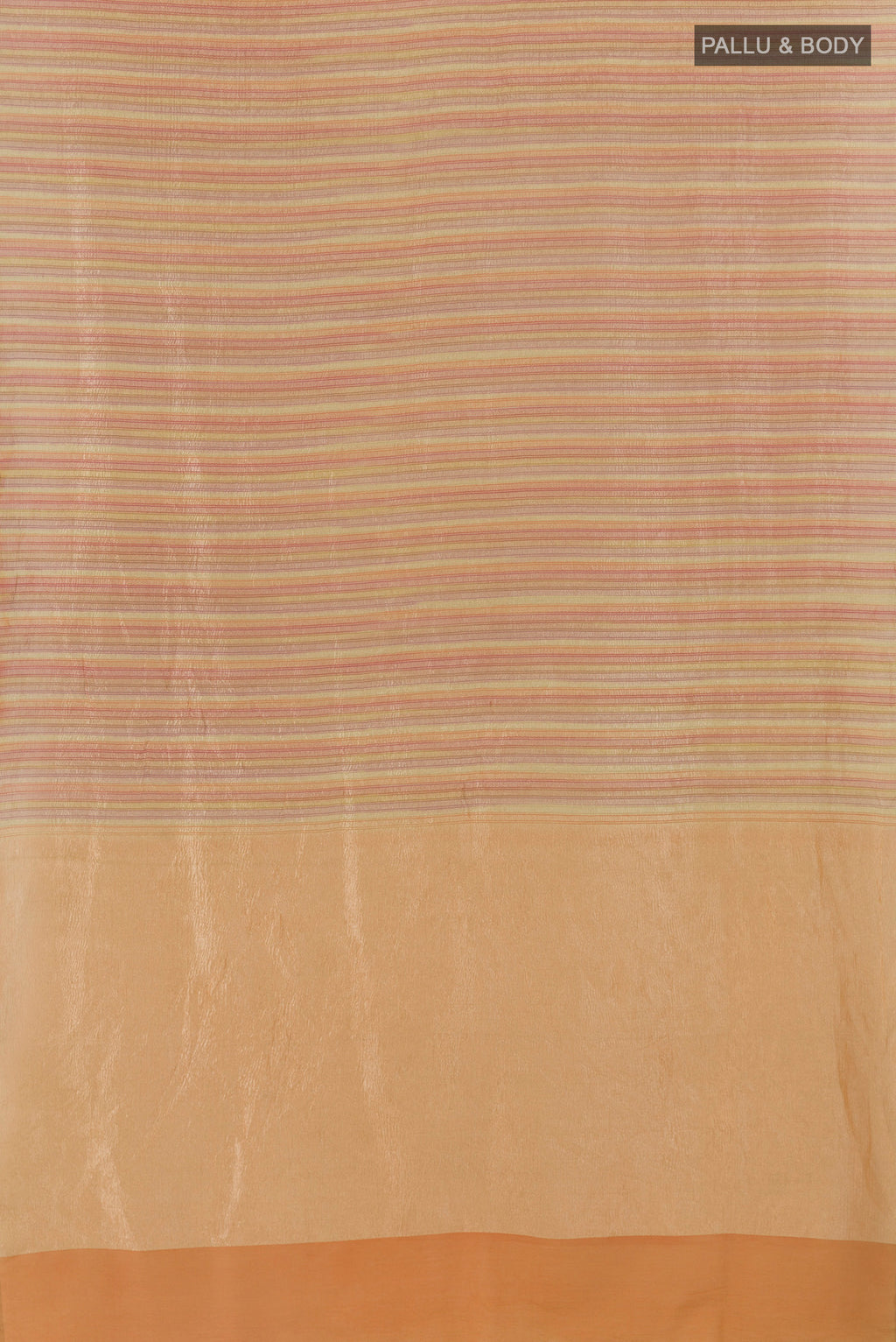 Flat view of Multi Color Tussar Saree with Stripes on the body and Zari Border. 