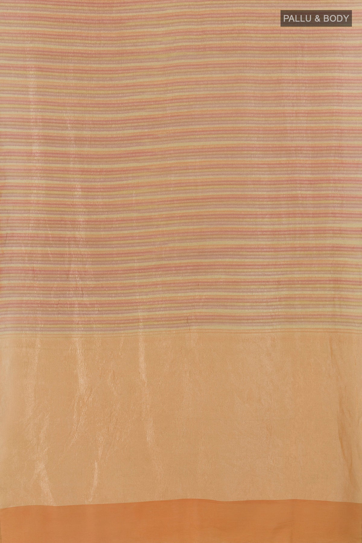 Flat view of Multi Color Tussar Saree with Stripes on the body and Zari Border. 
