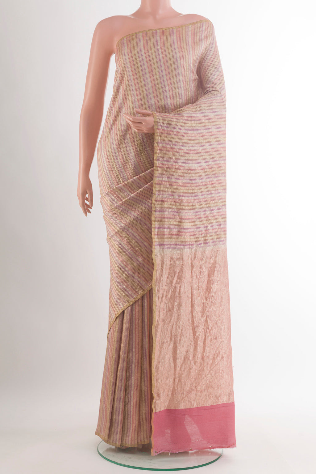 Multi Color Tussar Saree with Stripes on the body and Zari Border.  displayed on a mannequin