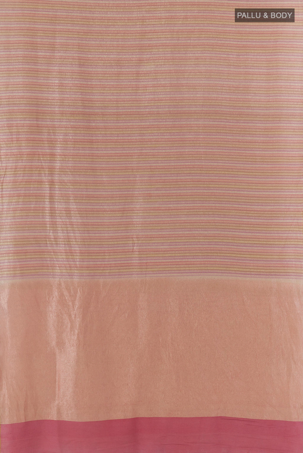 Flat view of Multi Color Tussar Saree with Stripes on the body and Zari Border. 