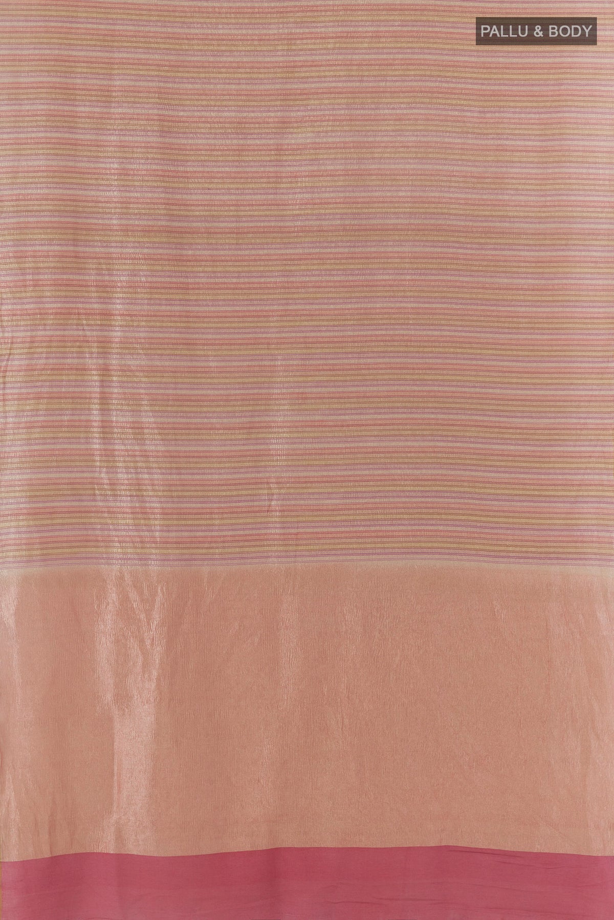 Flat view of Multi Color Tussar Saree with Stripes on the body and Zari Border. 