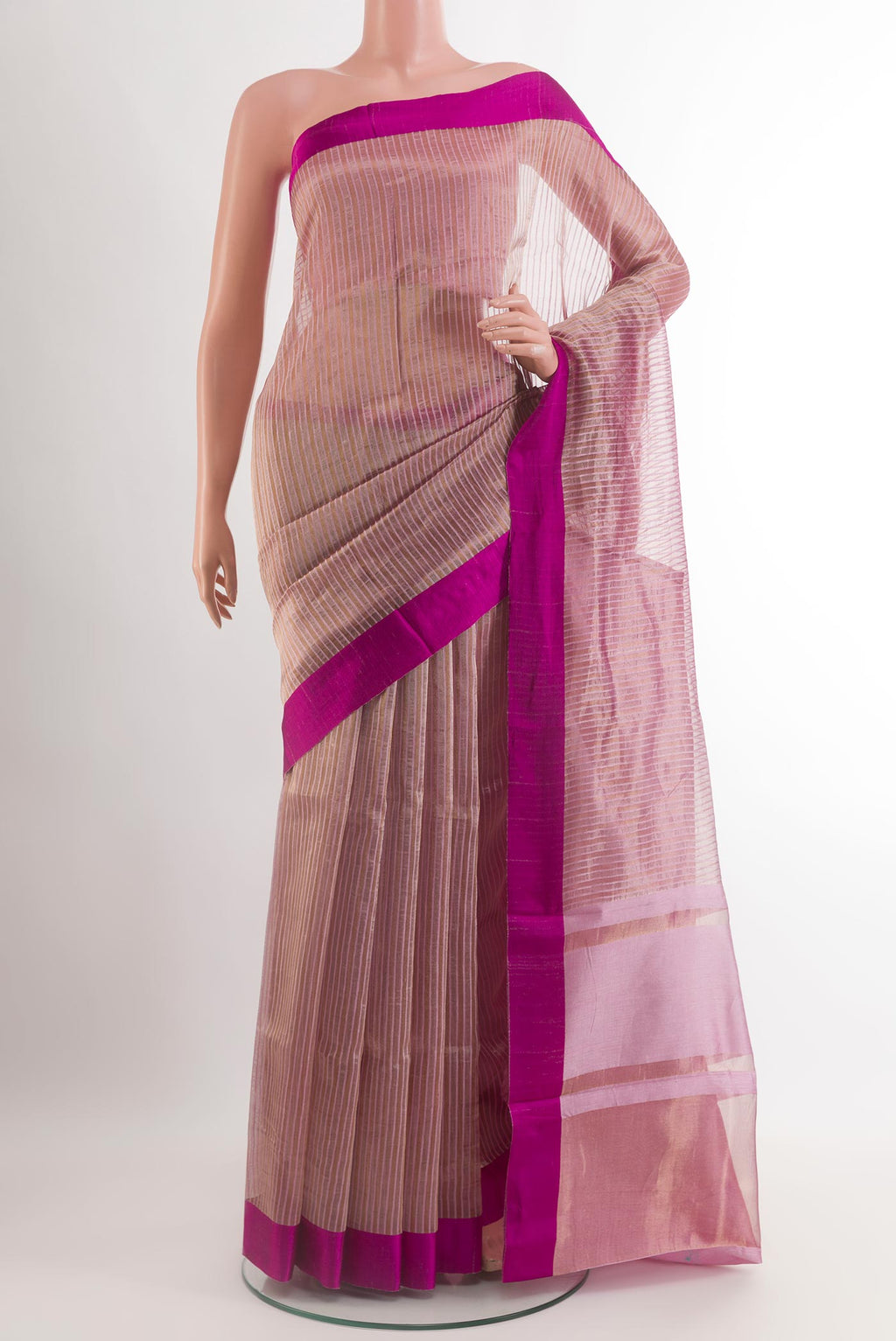 Purple Banarasi Kora Silk Saree with Stripes on the body and Plain Border.  displayed on a mannequin