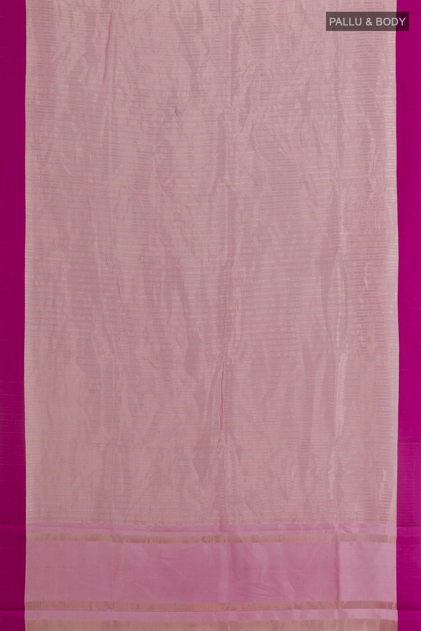 Flat view of Purple Banarasi Kora Silk Saree with Stripes on the body and Plain Border. 