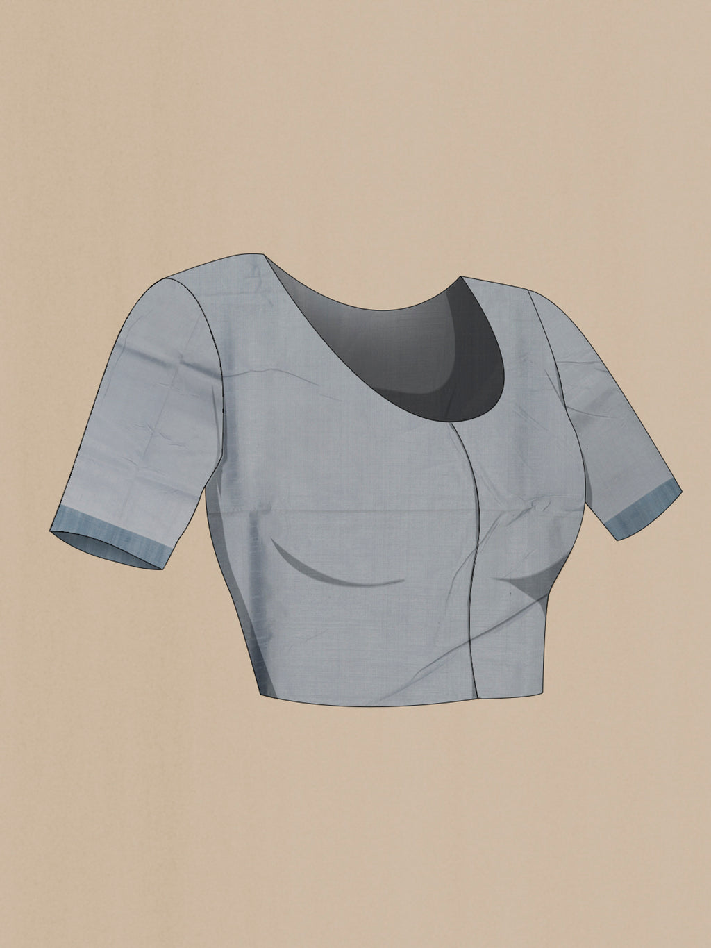 Close up image of the blouse of Grey Banarasi Tussar Silk Saree with Stripes on the body and Plain Border. 