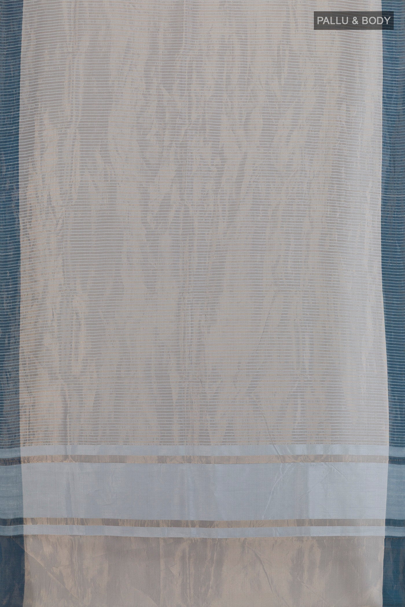 Flat view of Grey Banarasi Tussar Silk Saree with Stripes on the body and Plain Border. 