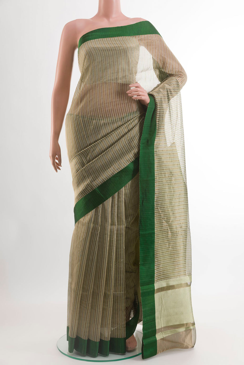 Grey Blended Banarasi Kora Cotton Saree with Stripes on the body and Zari Border.  displayed on a mannequin
