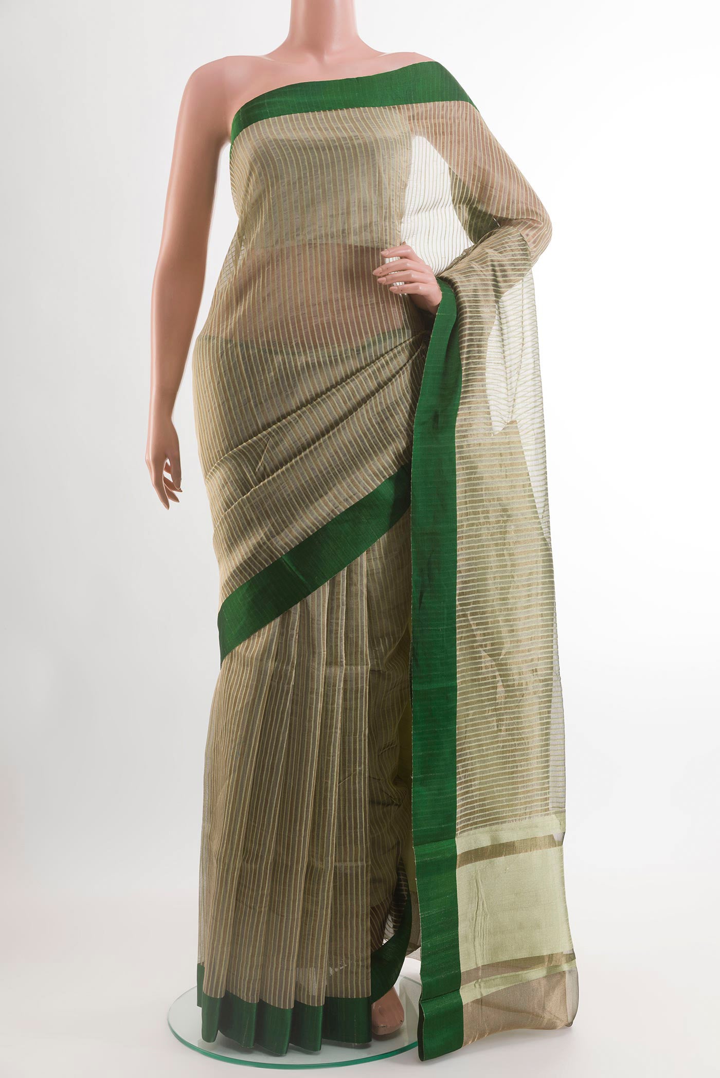 Grey Blended Banarasi Kora Cotton Saree with Stripes on the body and Zari Border.  displayed on a mannequin