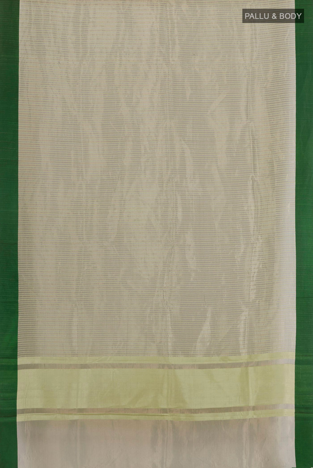 Flat view of Grey Blended Banarasi Kora Cotton Saree with Stripes on the body and Zari Border. 