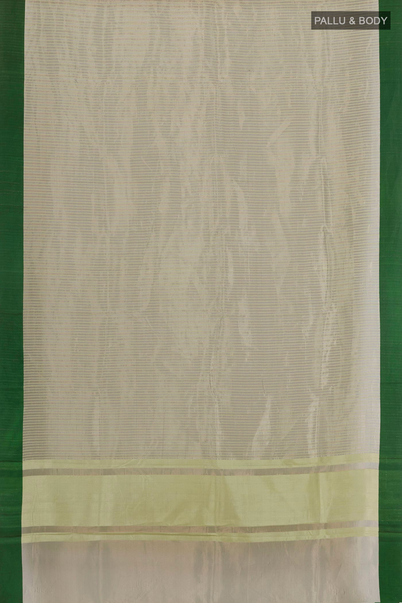 Flat view of Grey Blended Banarasi Kora Cotton Saree with Stripes on the body and Zari Border. 