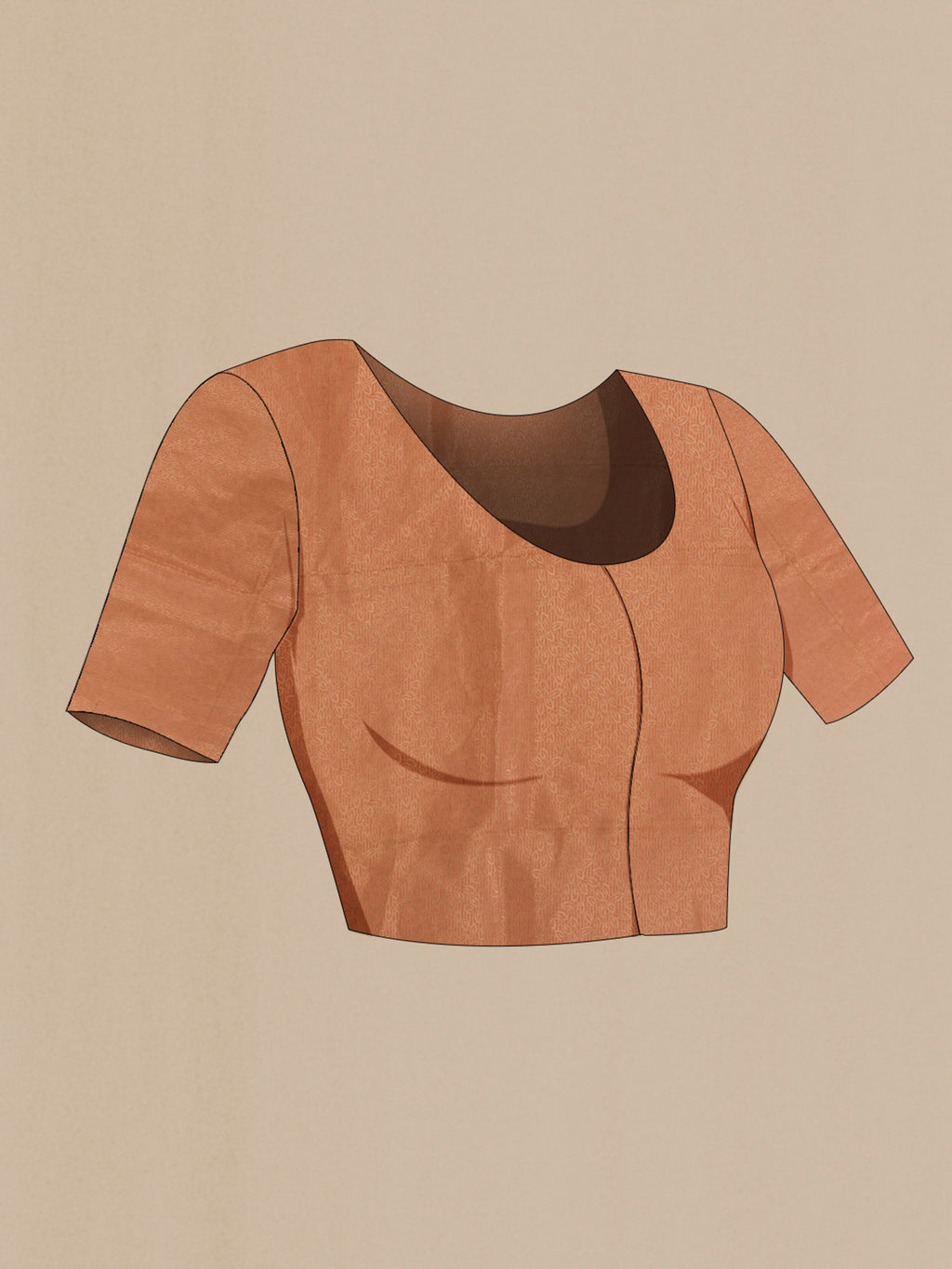Close up image of the blouse of Peach Banarasi Kora Silk Saree with Zari Brocade on the body and Zari Border. 