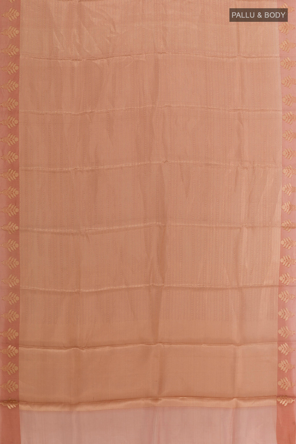 Flat view of Peach Banarasi Kora Silk Saree with Zari Brocade on the body and Zari Border. 