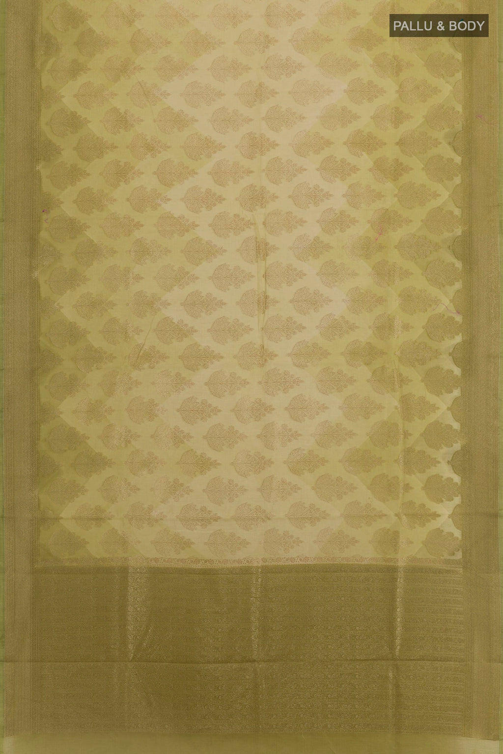 Flat view of Green Blended Kora Cotton Saree with Zari Butta on the body and Zari Border. 