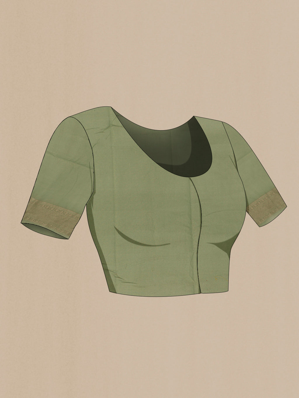Close up image of the blouse of Green Blended Kora Cotton Saree with Zari Butta on the body and Zari Border. 