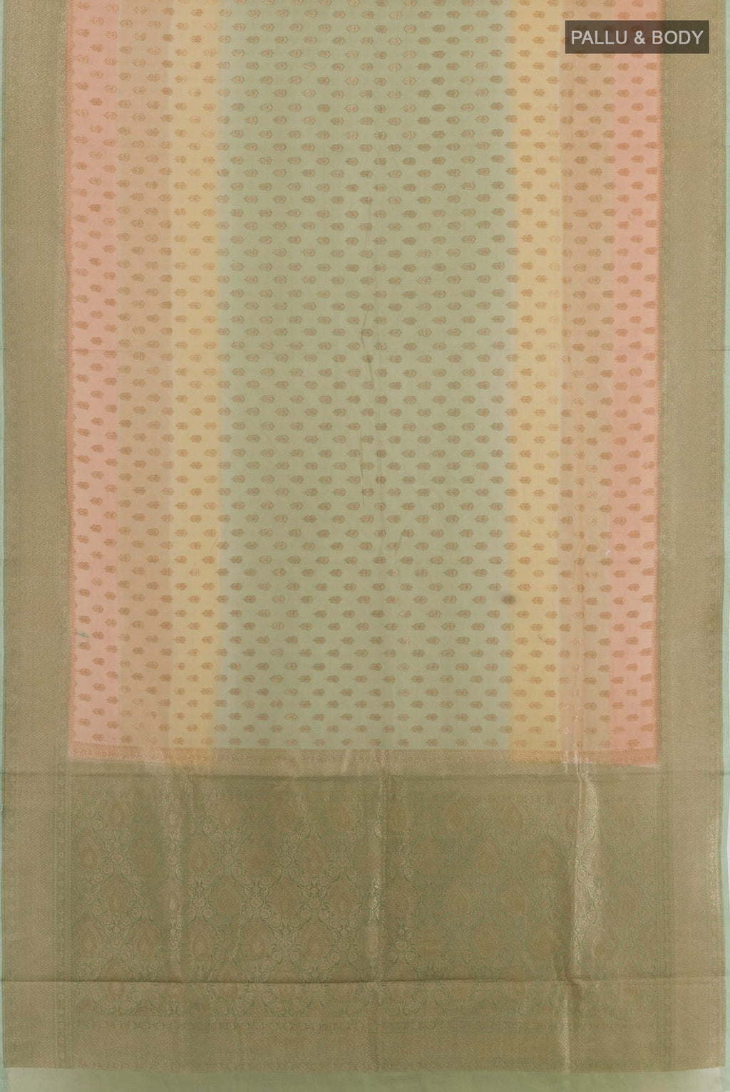 Flat view of Green Blended Kora Cotton Saree with Zari Butta on the body and Zari Border. 