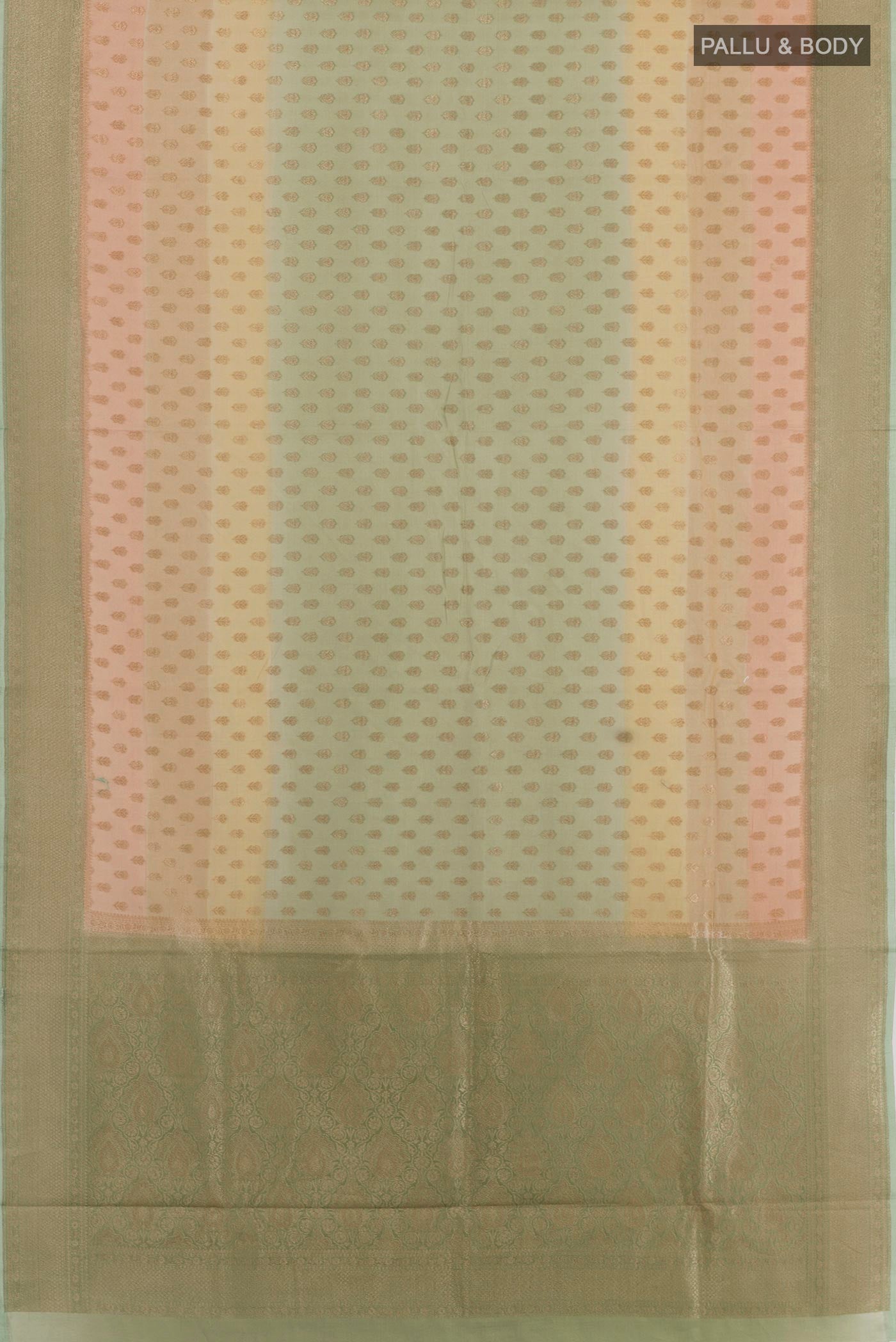 Flat view of Green Blended Kora Cotton Saree with Zari Butta on the body and Zari Border. 