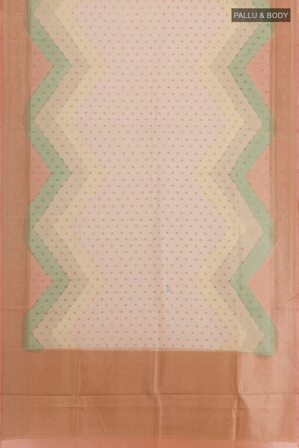 Flat view of Cream Blended Kora Cotton Saree with Zari Butta on the body and Zari Border. 