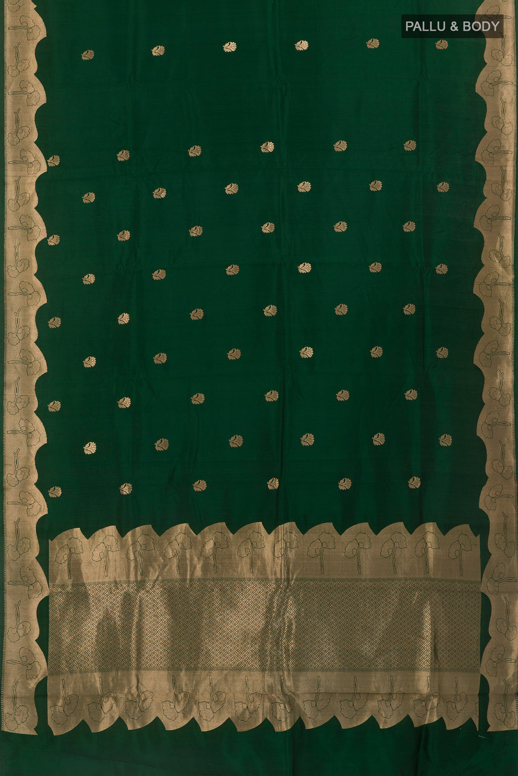 Flat view of Bottle Green Banarasi Katan Silk Saree with Zari Butta on the body and Zari Border. 