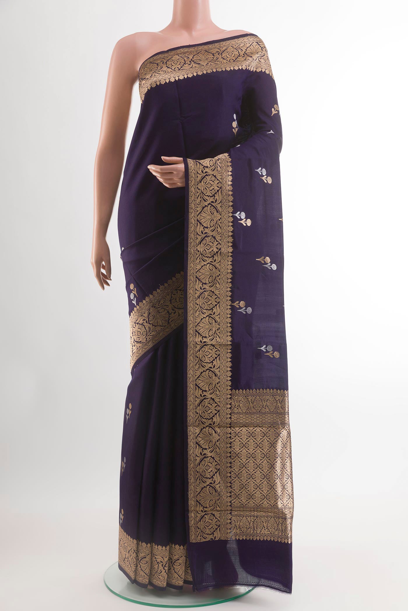 Purple Blended Banarasi Kora Cotton Saree with Zari Butta on the body and Zari Border.  displayed on a mannequin