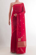 Red Banarasi Katan Silk Saree with Zari Butta on the body and Plain Border.  displayed on a mannequin