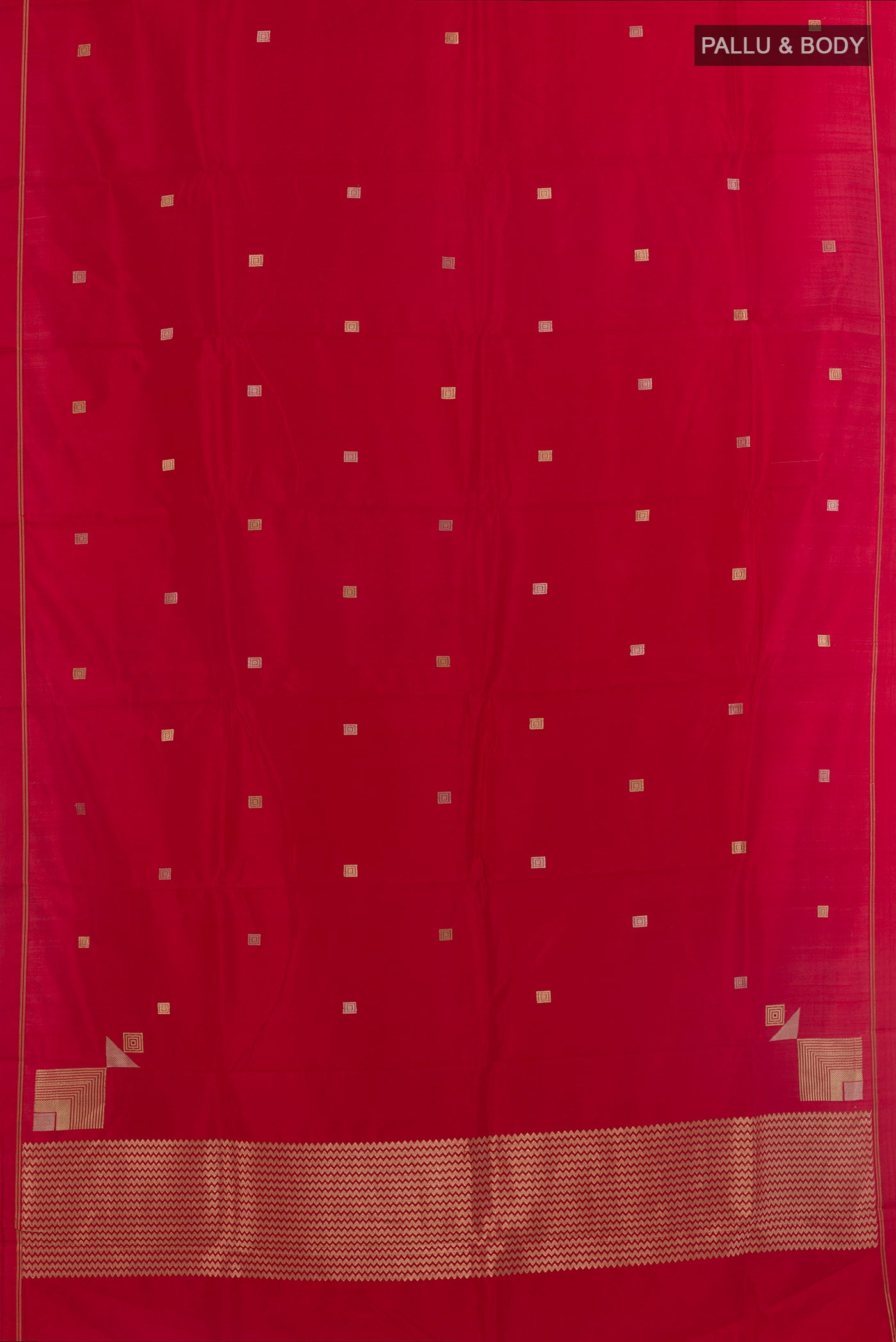 Flat view of Red Banarasi Katan Silk Saree with Zari Butta on the body and Plain Border. 