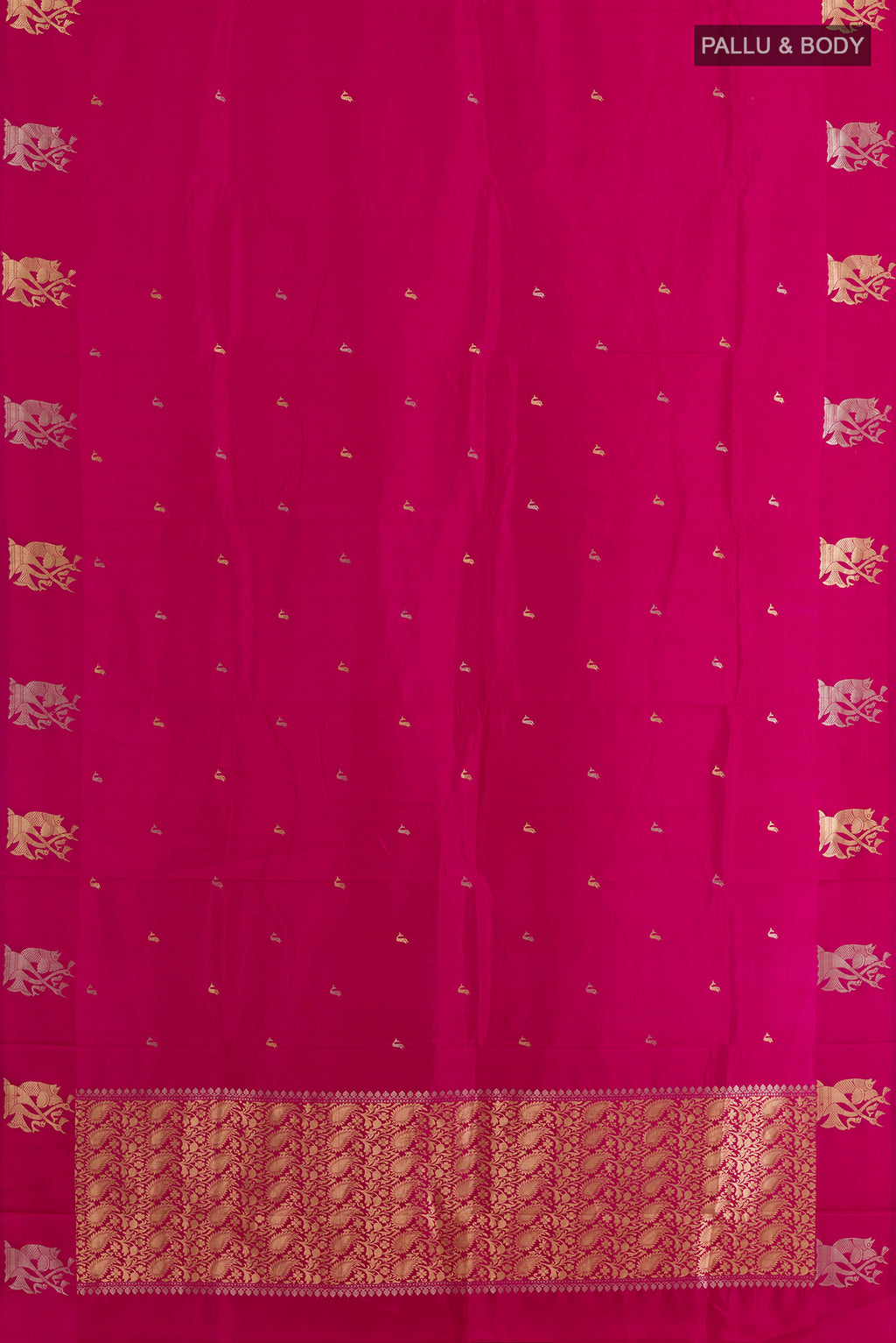 Flat view of Pink Banarasi Katan Silk Saree with Zari Butta on the body and Zari Border. 