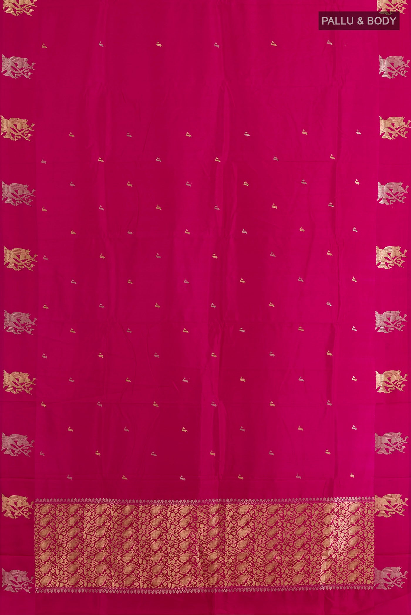 Flat view of Pink Banarasi Katan Silk Saree with Zari Butta on the body and Zari Border. 