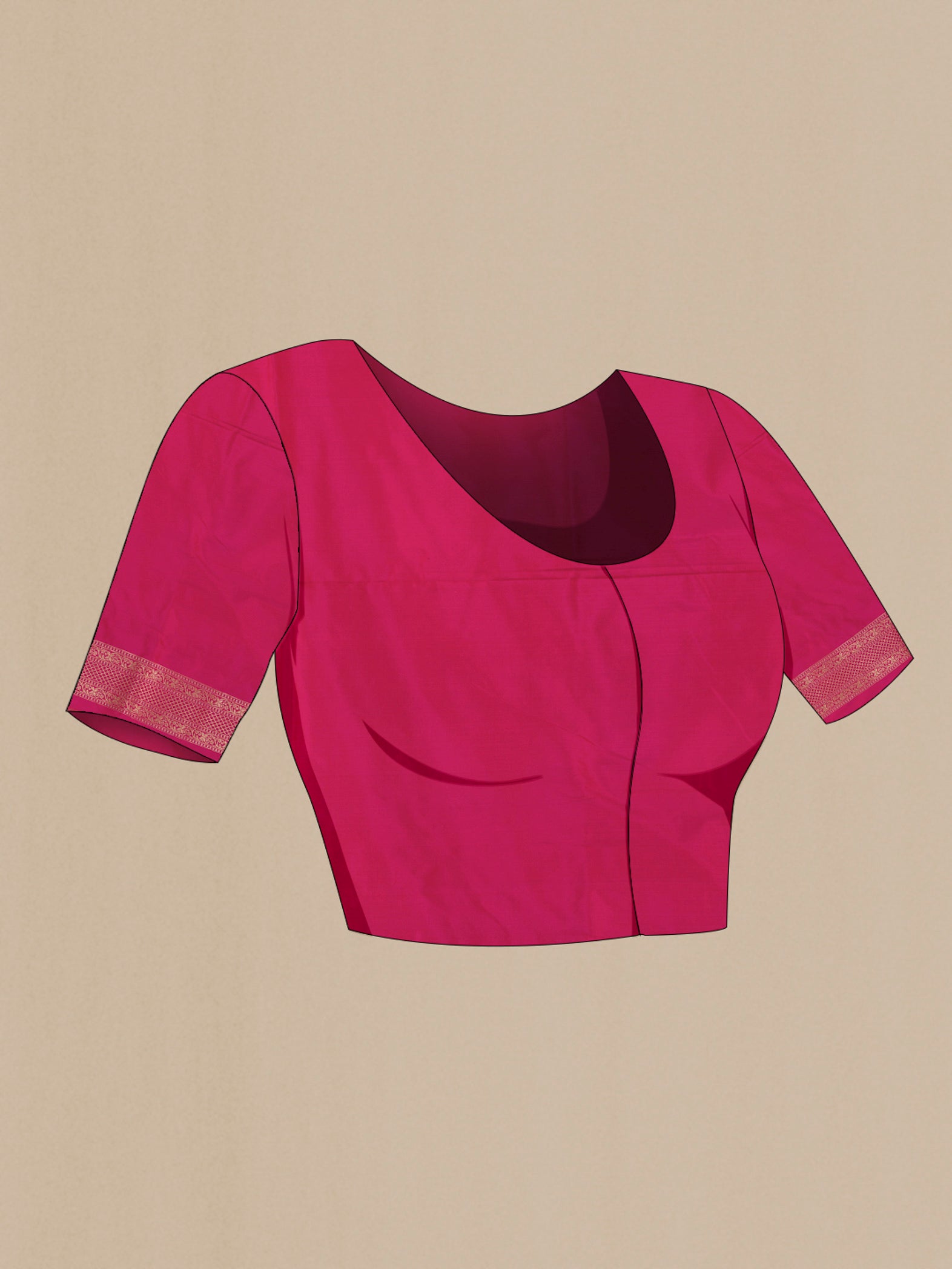 Close up image of the blouse of Pink Banarasi Silk Saree with Plain Body and Zari Border. 