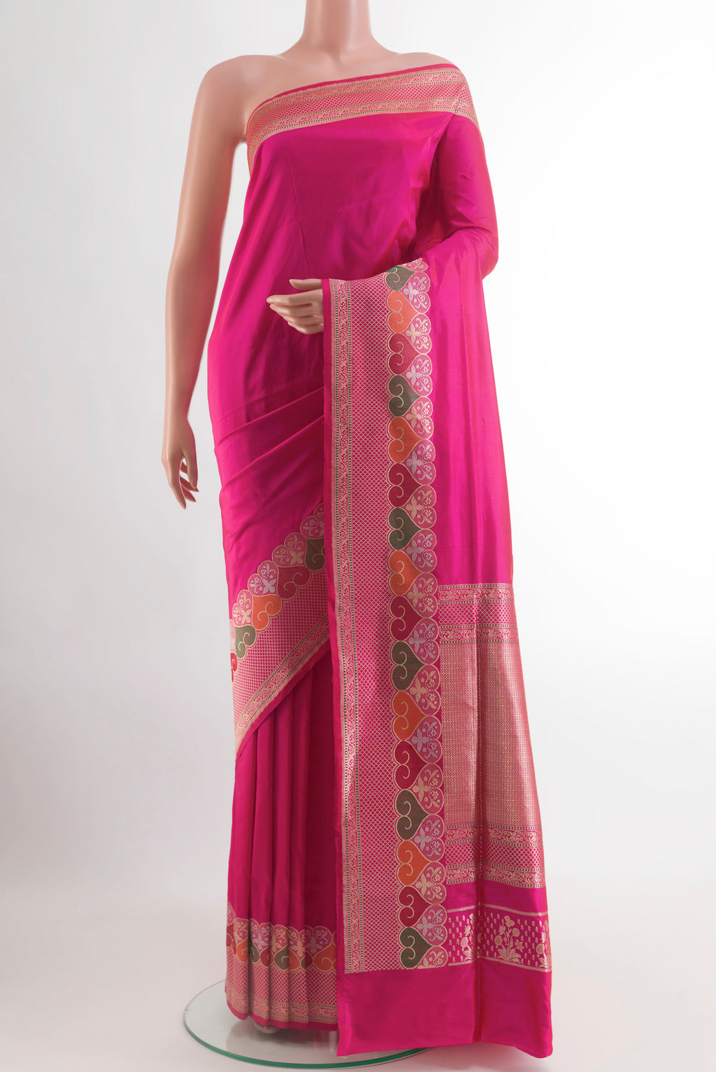 Pink Banarasi Silk Saree with Plain Body and Zari Border.  displayed on a mannequin