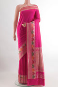 Pink Banarasi Silk Saree with Plain Body and Zari Border.  displayed on a mannequin