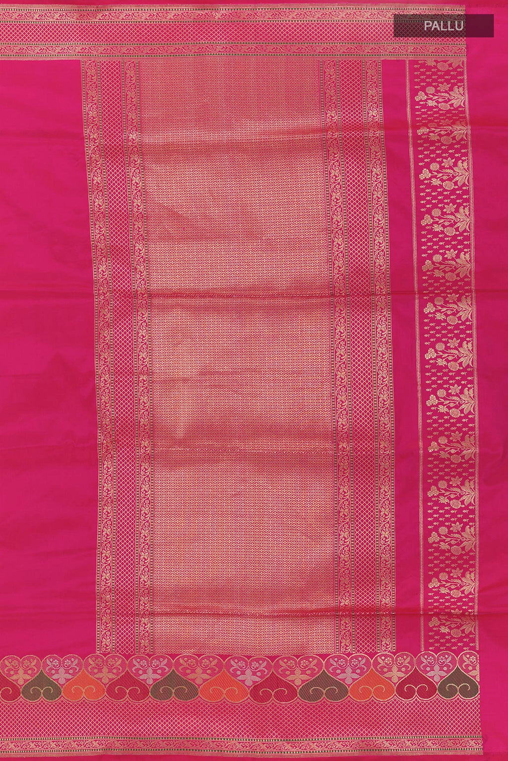 Close up image of the pallu of Pink Banarasi Silk Saree with Plain Body and Zari Border. 