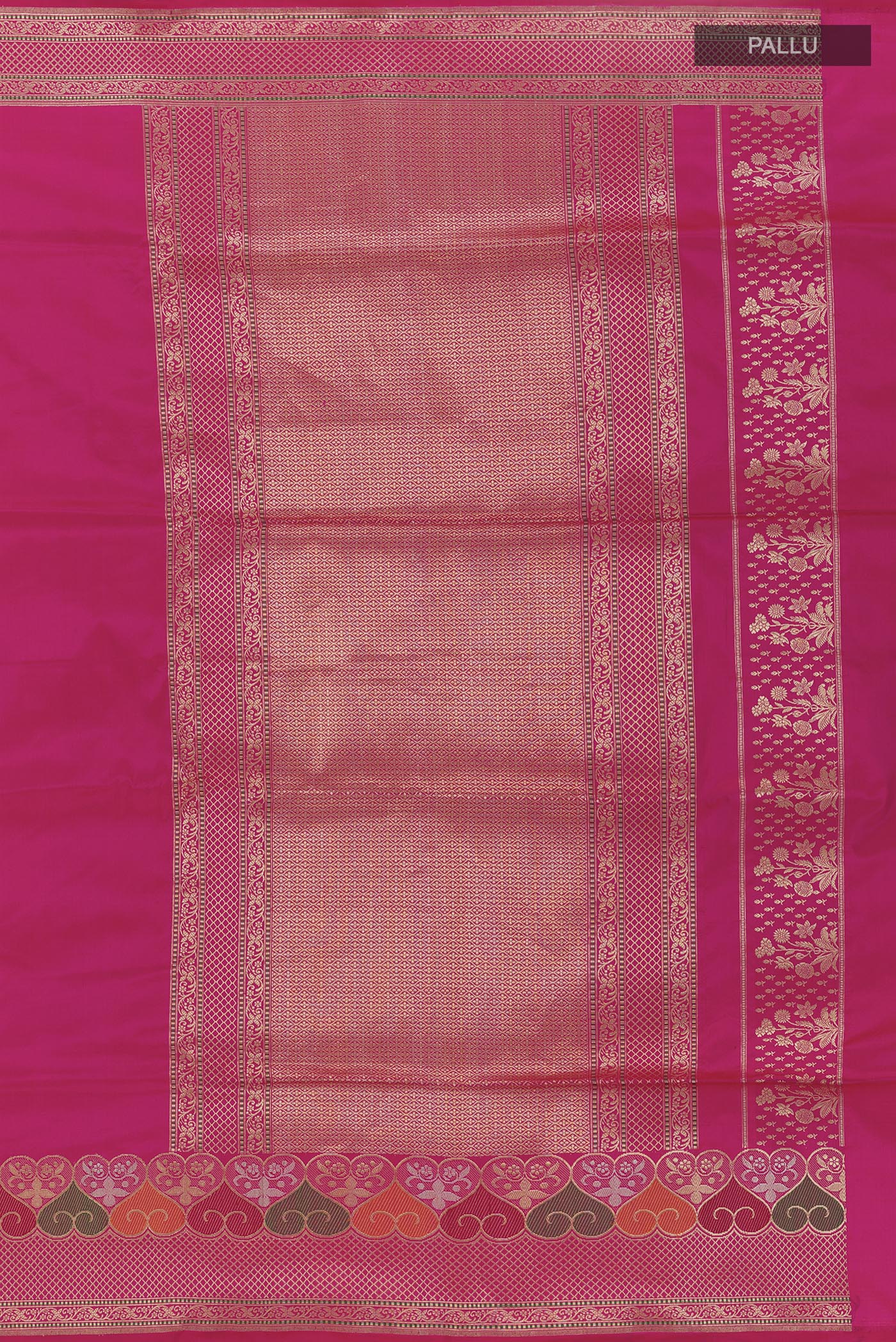 Close up image of the pallu of Pink Banarasi Silk Saree with Plain Body and Zari Border. 